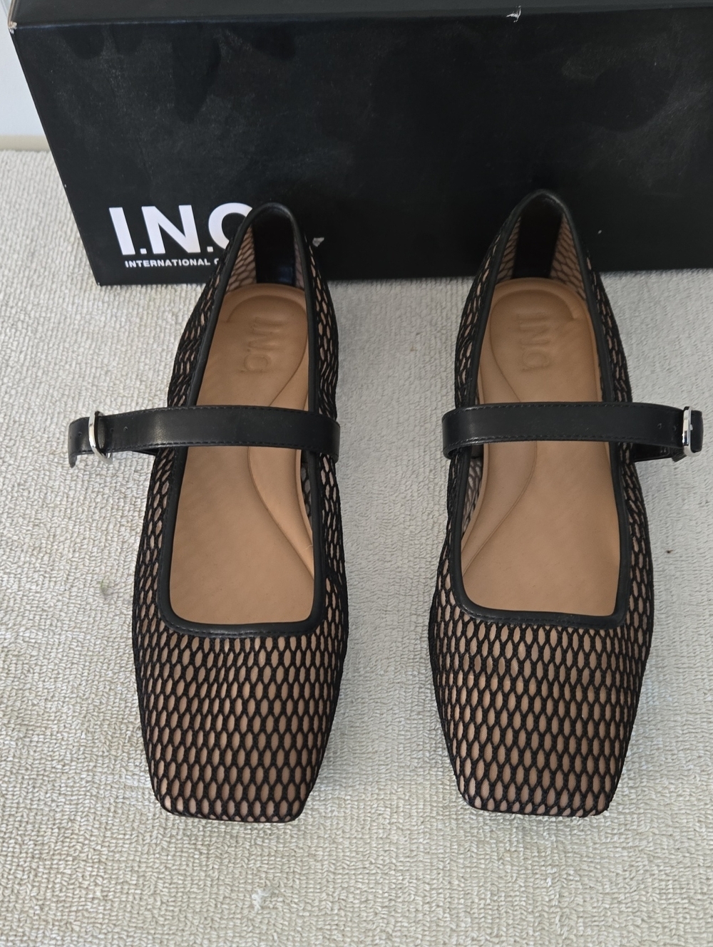 INC International Concepts Black Mesh Mary Jane Flats with Tan Insole